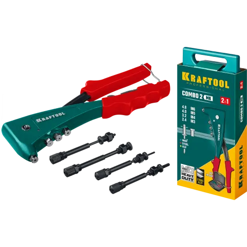 Заклепочник KRAFTOOL Combo2-M6, комбинированный для резьбовых М3-М6 и вытяжных заклепок 2.4-4.8мм, нержавеющая сталь, сталь, алюминий, кейс, (31180)
