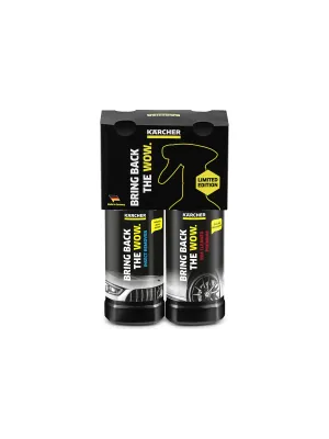 Комплект KARCHER для внешней уборки автомобиля, включает средство для удаления следов насекомых и средство для чистки колёсных дисков объёмом 0,5 л.