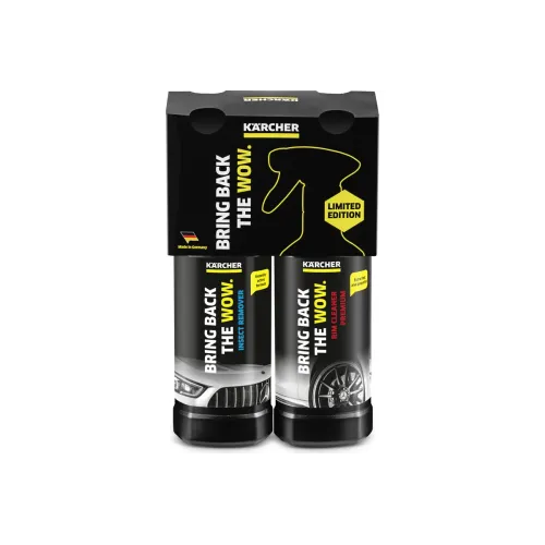 Комплект KARCHER для внешней уборки автомобиля, включает средство для удаления следов насекомых и средство для чистки колёсных дисков объёмом 0,5 л.