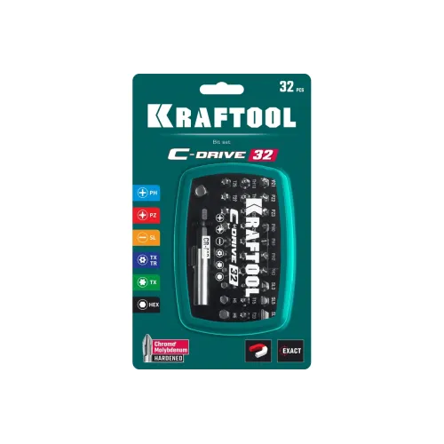 Набор бит KRAFTOOL C-Drive-32, 30 бит 25мм, PH, PZ, HEX, TORX, магнитный адаптер, переходник HEX 1/4