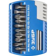 Набор бит ЗУБР ТОРСИОН UNI-TH «ПРОФЕССИОНАЛ», торсионные 10шт 25мм: PH1,2,3; PZ1,2,3; SL,5,6; Torx T30, HEX H4, магнитный адаптер, (26050-H11)