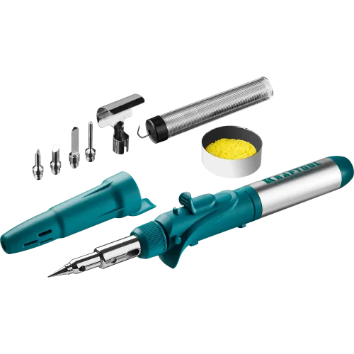 Паяльник газовый KRAFTOOL SolderPro 120K, 3в1: паяльник 450C°, газовая горелка 1300C°, фен 600C°, 30-120Вт, 75мин, 7 насадок, (55503-H10)