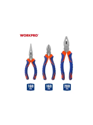 Набор из 3-х инструментов WORKPRO, плоскогубцы 200мм, бокорезы 160мм, длинногубцы 160мм