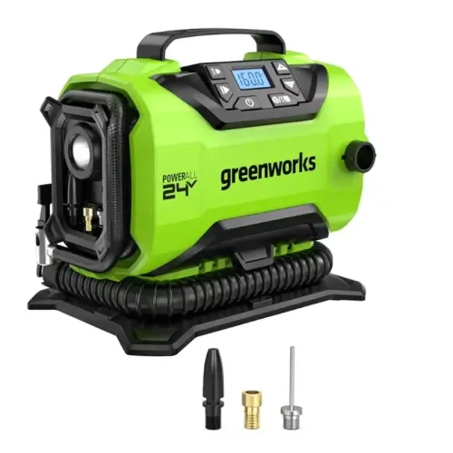 Аккумуляторный компрессор автомобильный GREENWORKS 24V / 12V, (от прикуривателя автомобиля), без АКБ и ЗУ в сумке