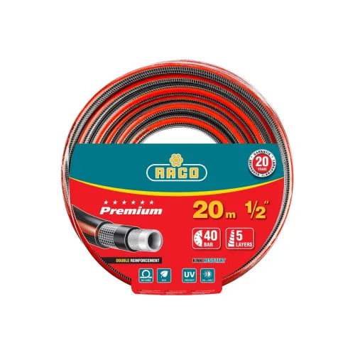 Шланг поливочный RACO PREMIUM 1/2″, 20м 40атм пятислойный, усиленный двумя слоями армирования (40300-1/2-20)