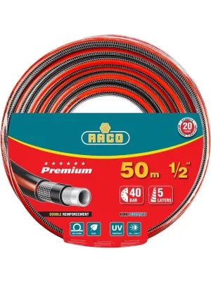 Шланг поливочный RACO PREMIUM 1/2″, 50м 40атм пятислойный, усиленный двумя слоями армирования (40300-1/2-50)