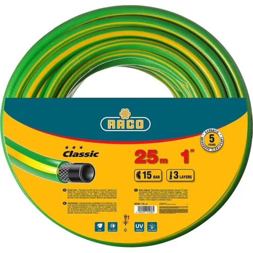 Шланг поливочный RACO CLASSIC 1″, 25м 15атм трёхслойный, армированный (40306-1-25)