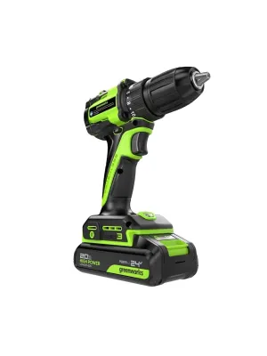 Акк. шуруповерт GREENWORKS DD345, 24В, 2х2 Ач, 27/45 Нм, 0-450/1850 об/мин, БЗП 13 мм, бесщёточный, ЗУ, коробка (3708307CUC)
