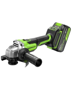 Акк. угловая шлиф. машина GREENWORKS AG590, 125 мм, 24 В, 1х5 Ач, 8500 об/мин, бесщеточная, Anti-Kickback, ЗУ, сумка (3201007CUG)
