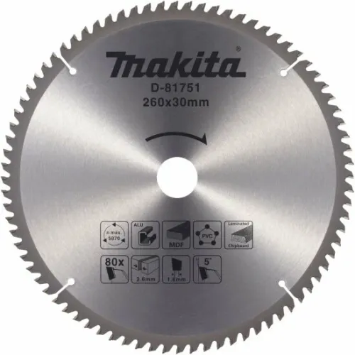 Диск пильный MAKITA 260x30x2.6/1.8x80T универсальный для алюминия/дерева/пластика
