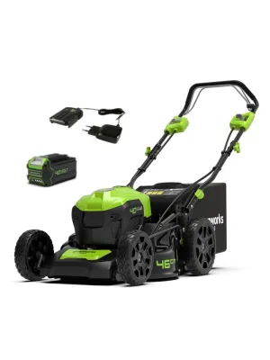 Аккумуляторная газонокосилка GREENWORKS 40В, бесщеточная, самоходная, 46 см, 55 л, 25-80 мм, 28 кг, с АКБ 5А.ч. и ЗУ (2506807UG)