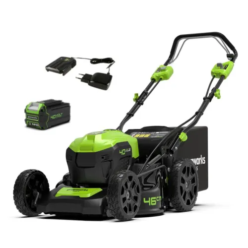 Аккумуляторная газонокосилка GREENWORKS 40В, бесщеточная, самоходная, 46 см, 55 л, 25-80 мм, 28 кг, с АКБ 5А.ч. и ЗУ (2506807UG)