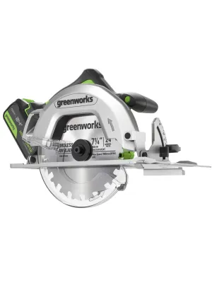 Акк. пила дисковая GREENWORKS GD24CS, б/щет, 185х20 мм, 4500 об/мин, рез 63 мм, 5 Ач, ЗУ, коробка (1500907CUG)