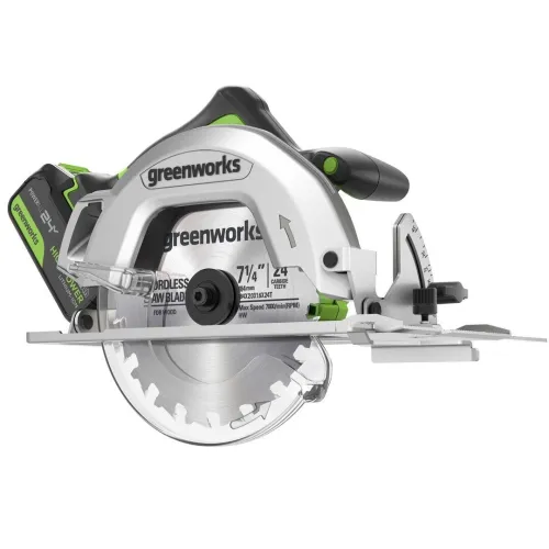 Акк. пила дисковая GREENWORKS GD24CS, б/щет, 185х20 мм, 4500 об/мин, рез 63 мм, 5 Ач, ЗУ, коробка (1500907CUG)