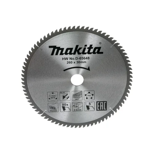 Диск пильный MAKITA 260x30x80T универсальный для алюминия/дерева/пластика D-65648