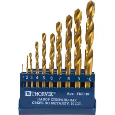 Набор спиральных сверл THORVIK, по металлу d1.0-10.0 мм, 10 предм. HSS TiN в пласт. кейсе, TDBS10