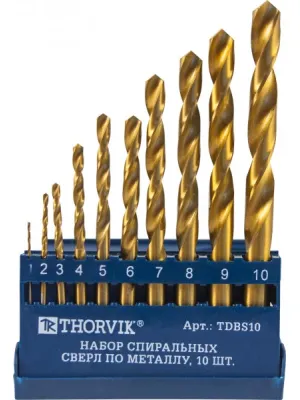 Набор спиральных сверл THORVIK, по металлу d1.0-10.0 мм, 10 предм. HSS TiN в пласт. кейсе, TDBS10