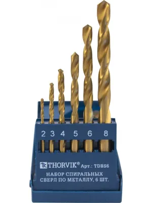 Набор спиральных сверл THORVIK, по металлу d2.0-8.0 мм, 6 предм. HSS TiN в пласт. кейсе, TDBS6
